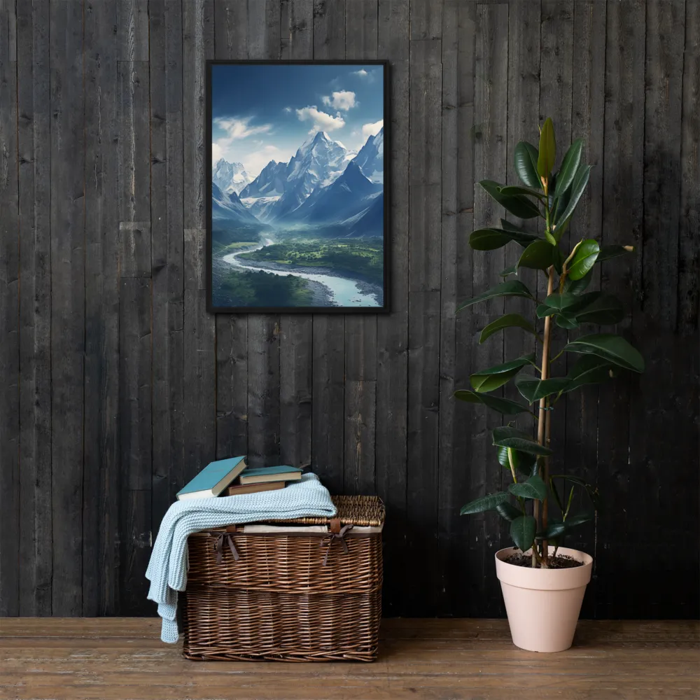 Majestic Serenity: A Landscape of Mountains and Rivers | Canvas with Black Frame | 20″×28″