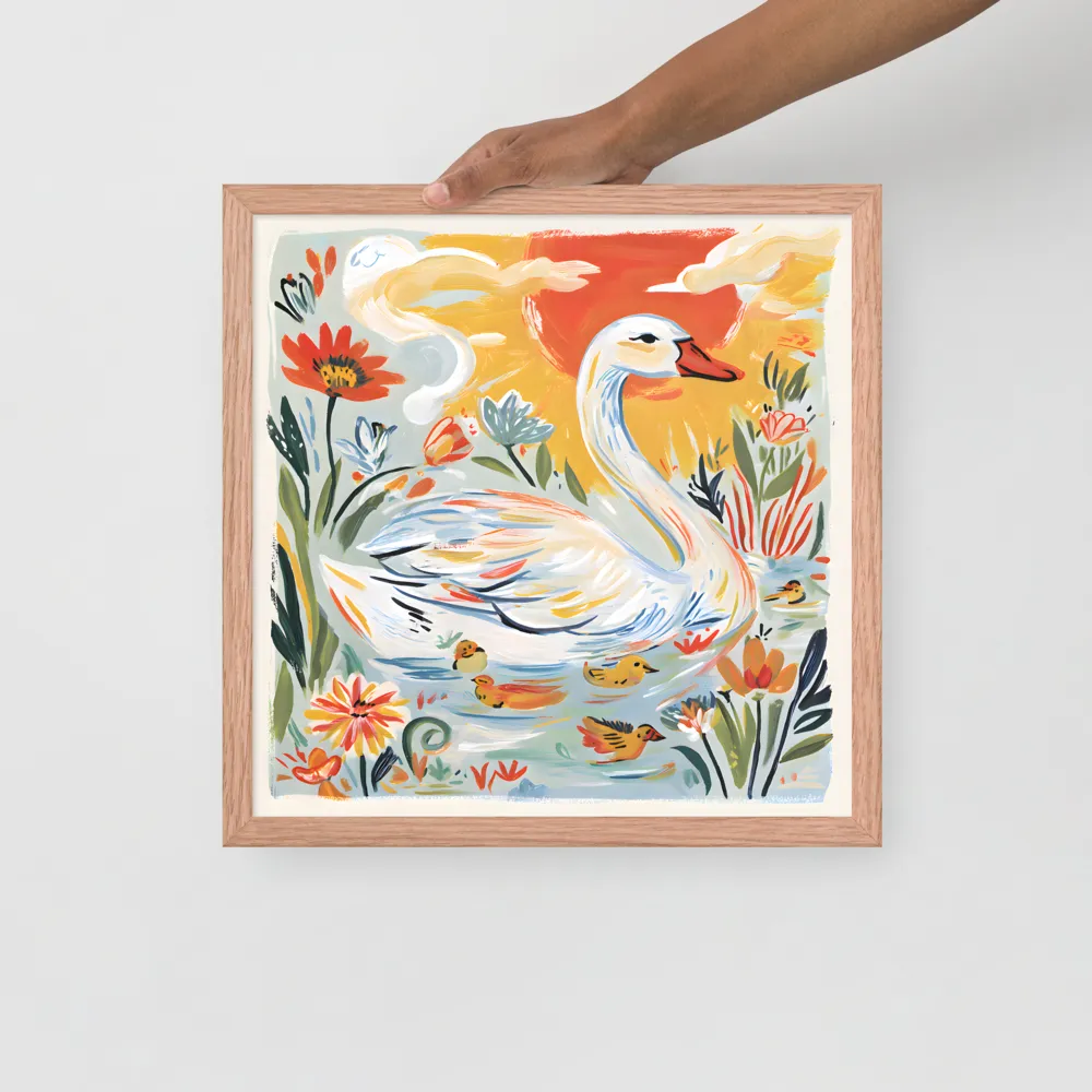 Swan and Ducklings 
 Poster with Red oak Frame | 16″x 16″