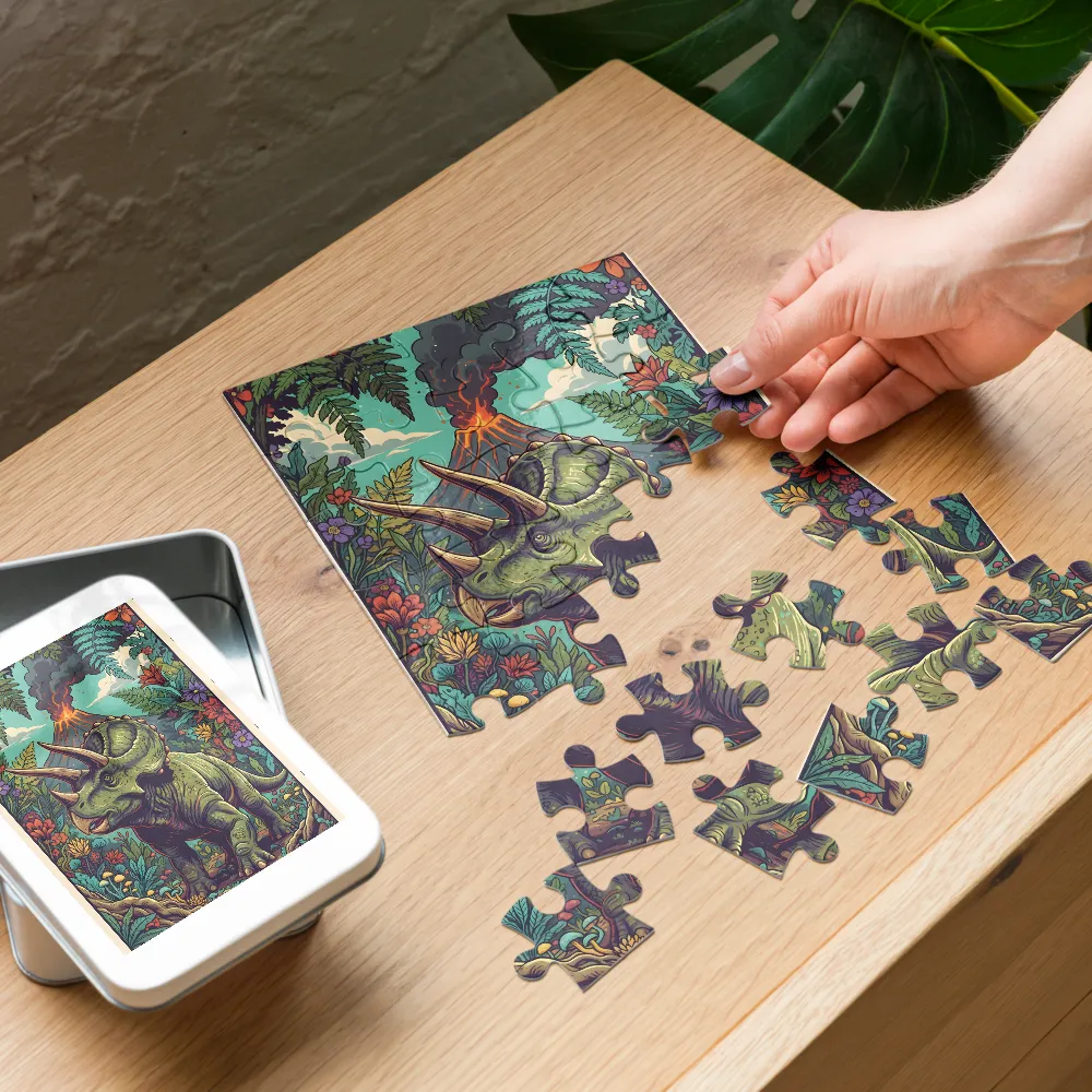Triceratops and the Volcano 
 Jigsaw Puzzle in Tin Box