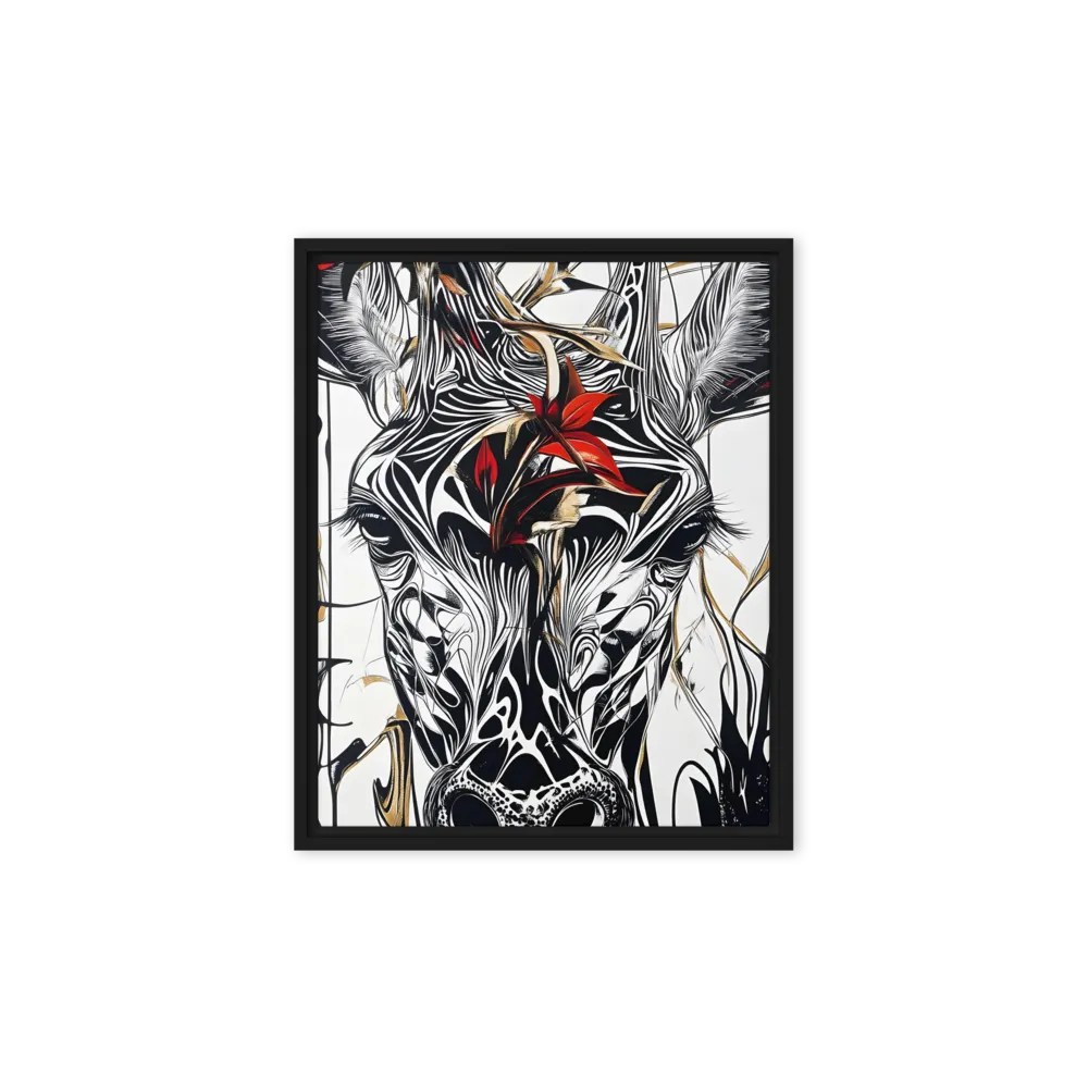 Floral Elegance: The Giraffe's Portrait | Canvas with Black Frame | 8″×10″