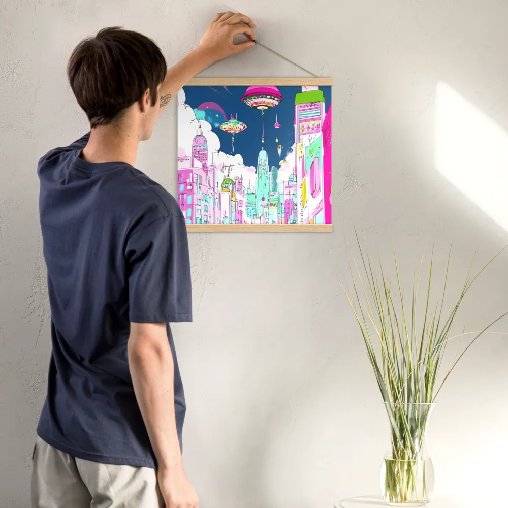 Futuristic Cityscape with Floating Structures | Poster With Oak Wood Hanger | 16″×16″