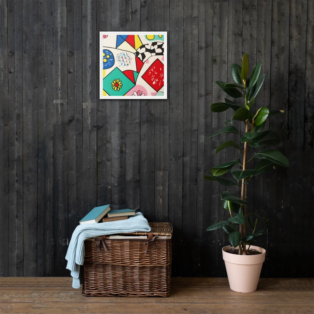 Joyful Geometry: A Playful Dance of Shapes and Colors | Canvas with White Frame | 16″×16″