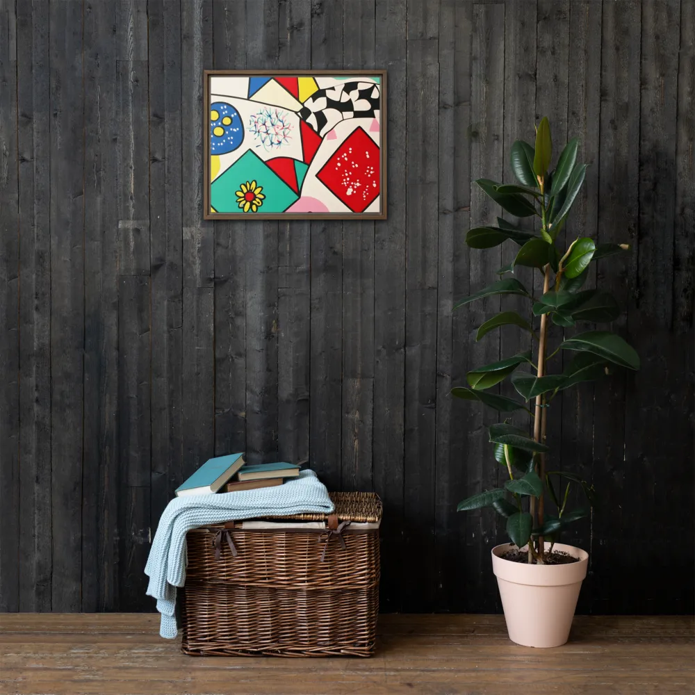 Joyful Geometry: A Playful Dance of Shapes and Colors | Canvas with Brown Frame | 16″×20″