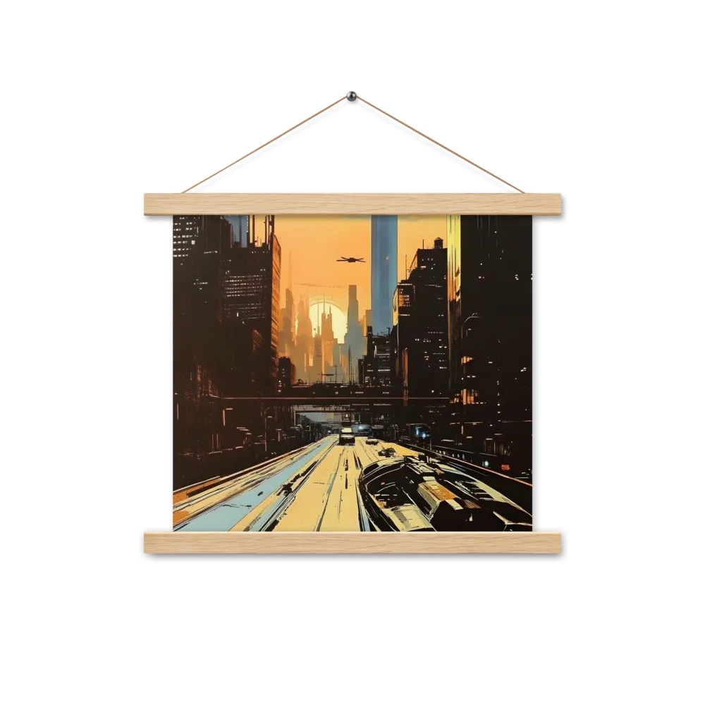 Metro Nexus: A Futuristic Cityscape | Poster With Oak Wood Hanger | 14″×14″