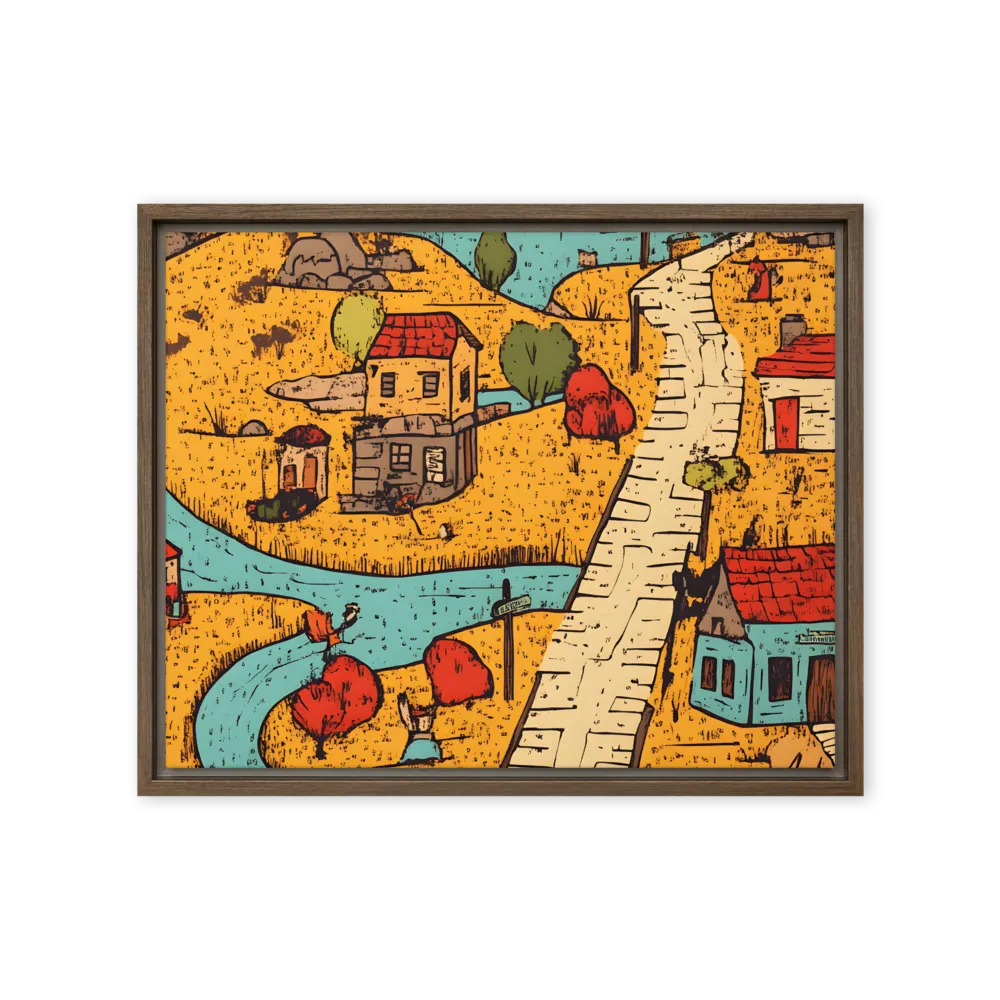 Whimsical Village Landscape | Canvas with Brown Frame | 16″×20″