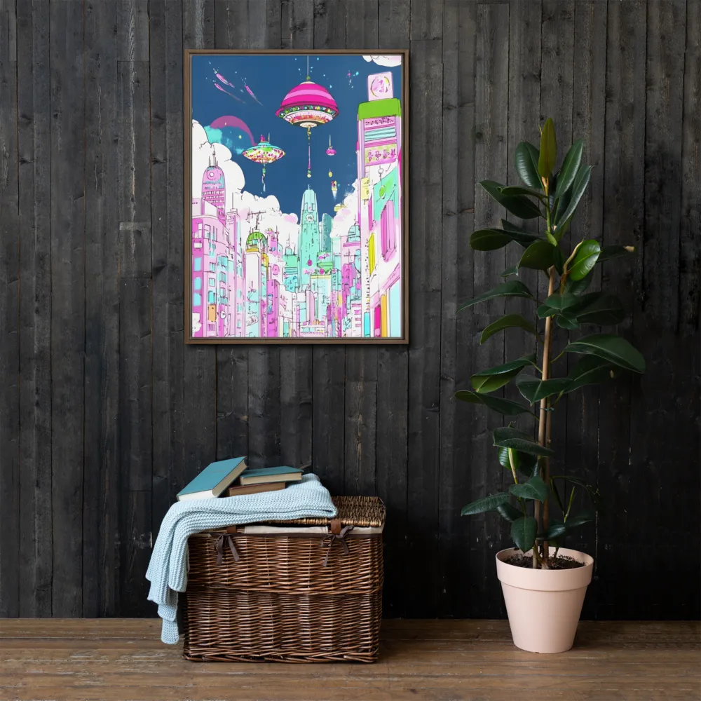 Futuristic Cityscape with Floating Structures | Canvas with Brown Frame | 24″×32″