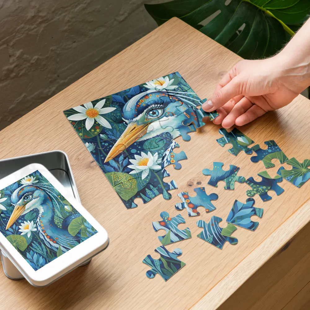 Heron Among Water Lilies 
 Jigsaw Puzzle in Tin Box