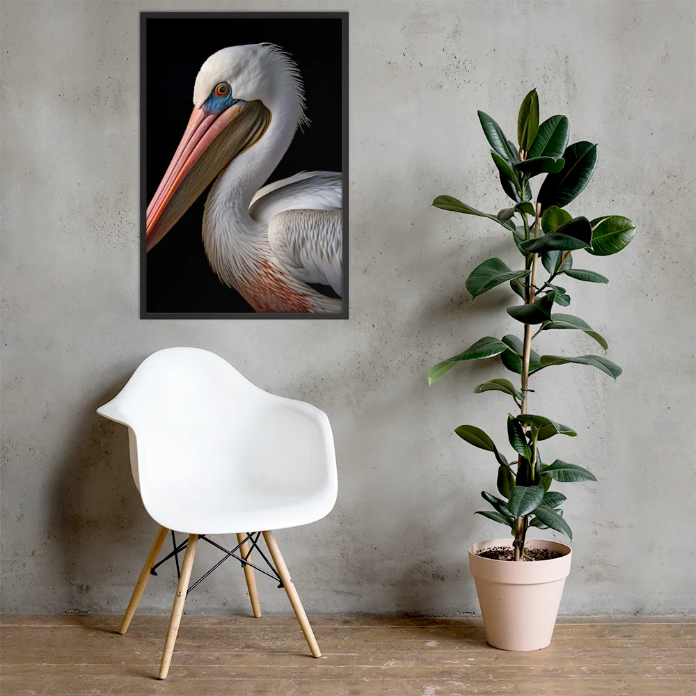Elegance in White: The Pelican | Poster with Black Frame | 24″×36″