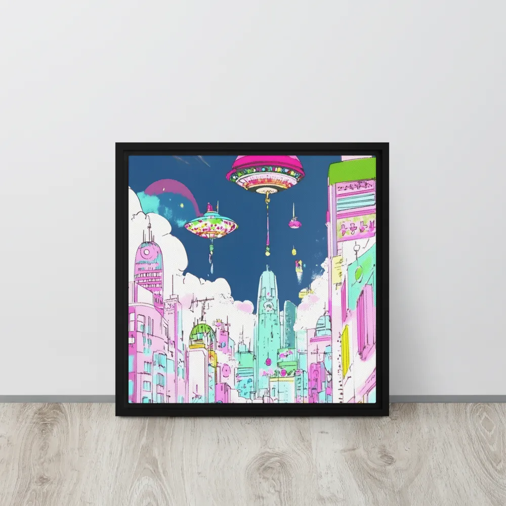 Futuristic Cityscape with Floating Structures | Canvas with Black Frame | 16″×16″