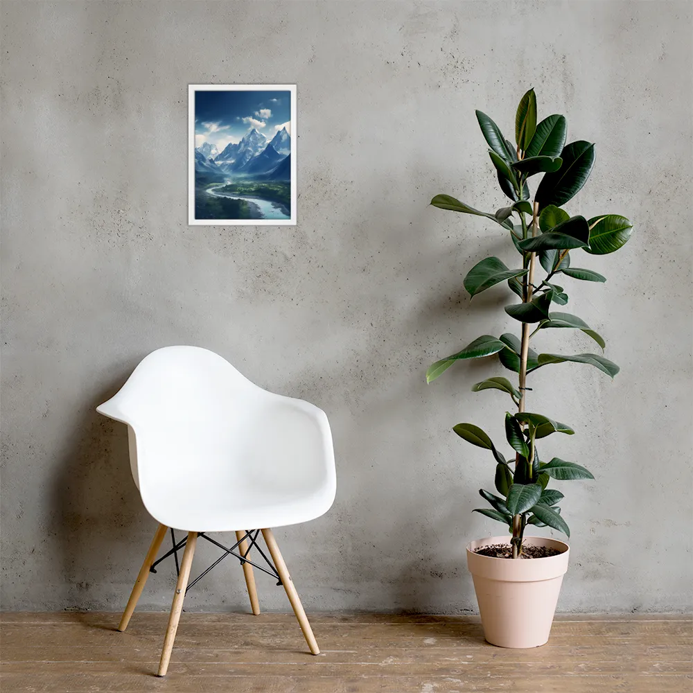 Majestic Serenity: A Landscape of Mountains and Rivers | Poster with White Frame | 12″×16″