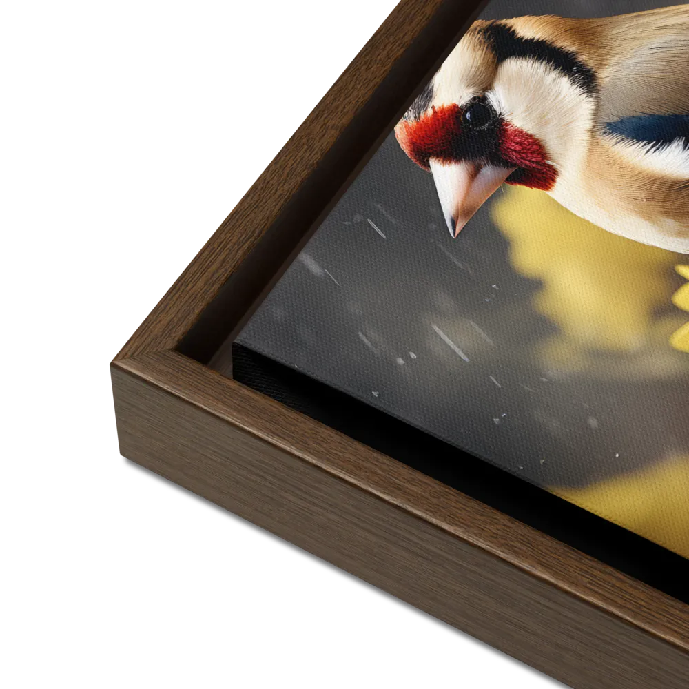 Harmony in Nature: A Goldfinch Amidst Blooms | Canvas with Brown Frame | 12″×16″