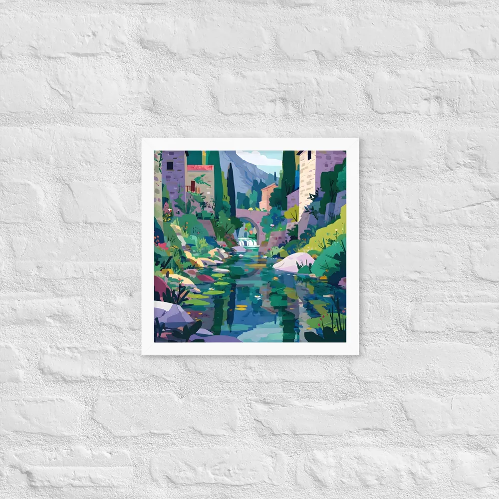 Mountain Village Stream 
 Poster with White Frame | 14″x 14″