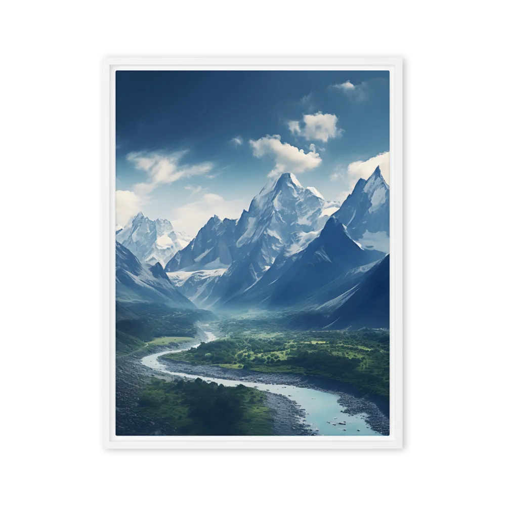 Majestic Serenity: A Landscape of Mountains and Rivers | Canvas with White Frame | 24″×32″