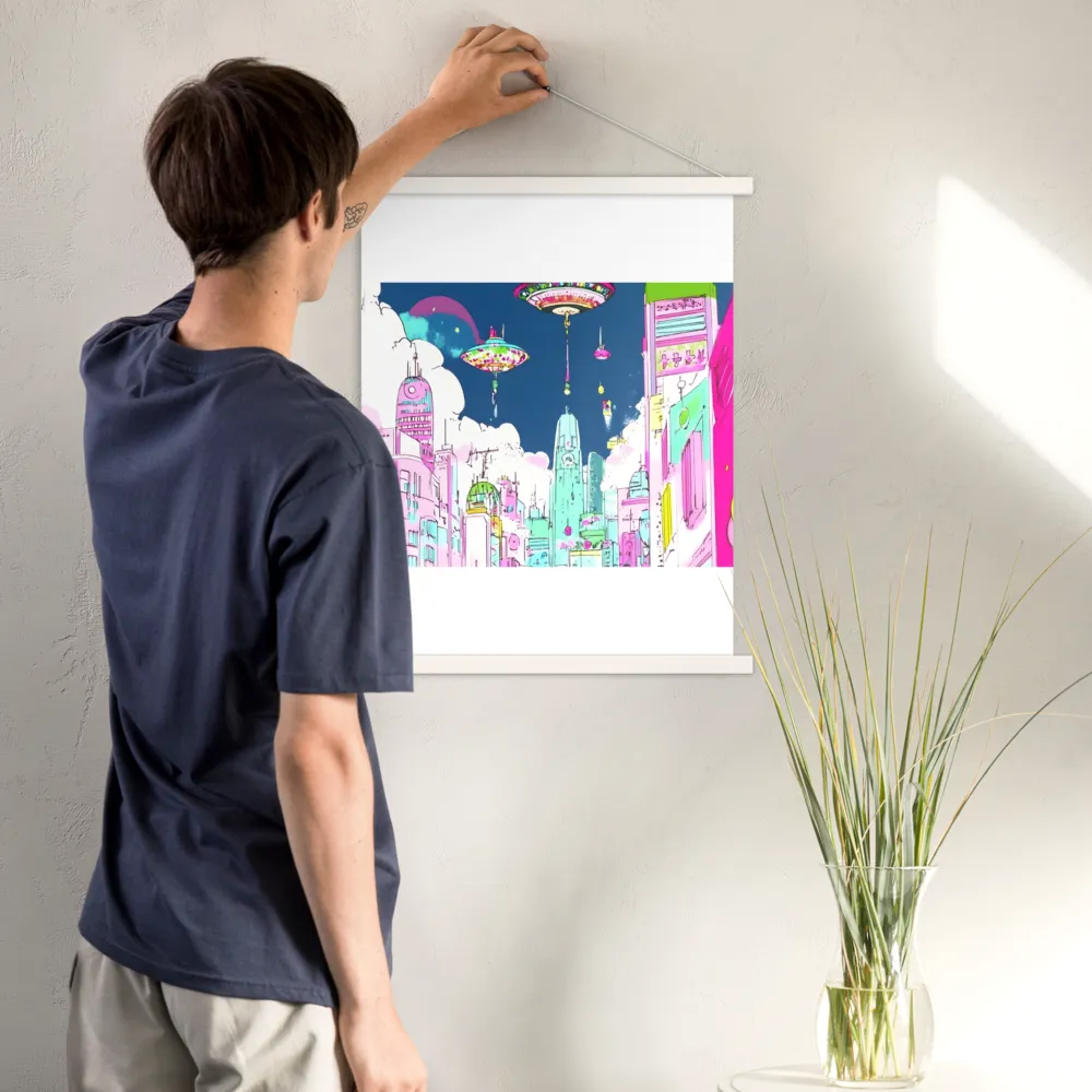 Futuristic Cityscape with Floating Structures | Poster With White Wood Hanger | 18″×24″