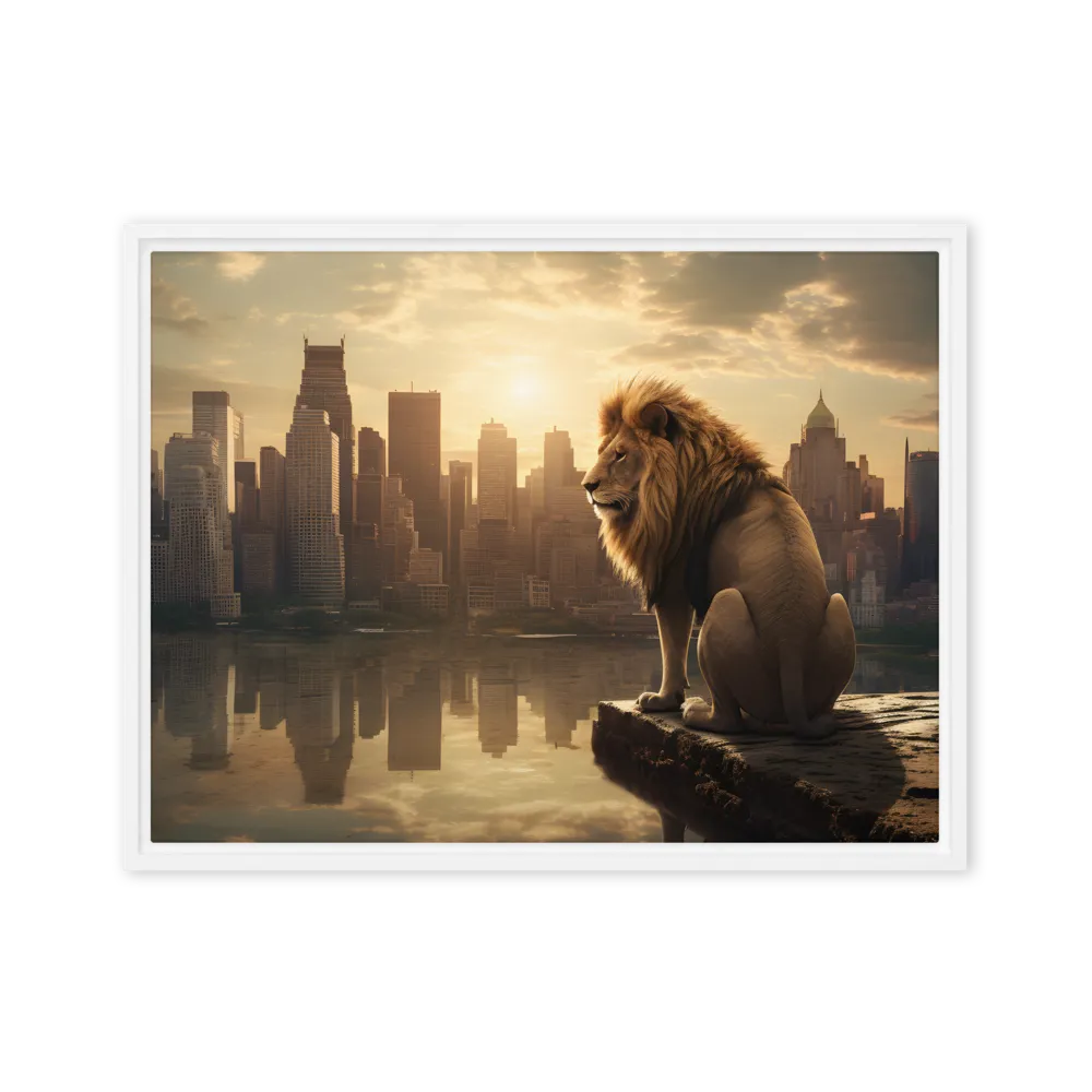 The Lion's Gaze Over the Urban Symphony | Canvas with White Frame | 18″×24″