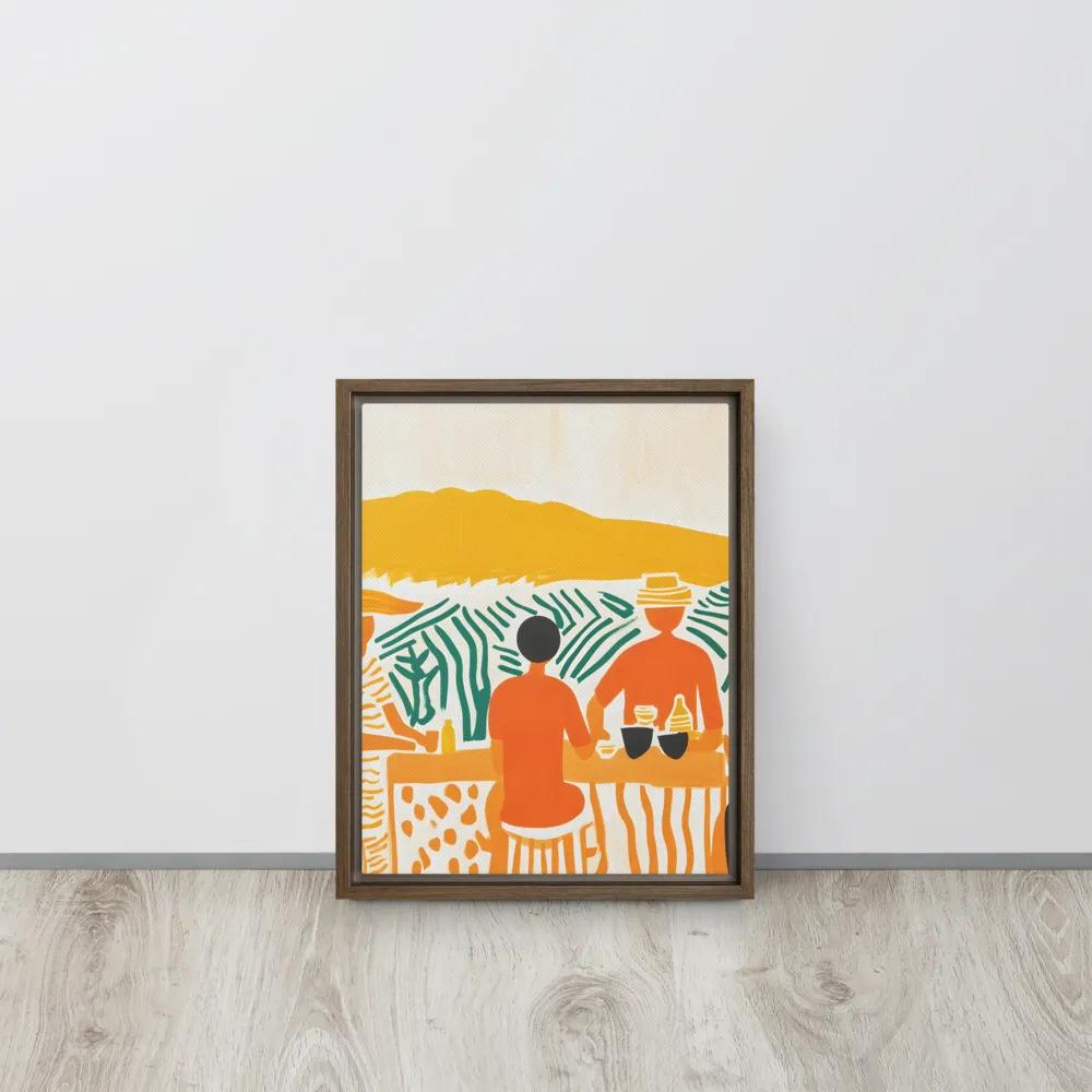 Summer Vibes: Café Conversations | Canvas with Brown Frame | 11″×14″