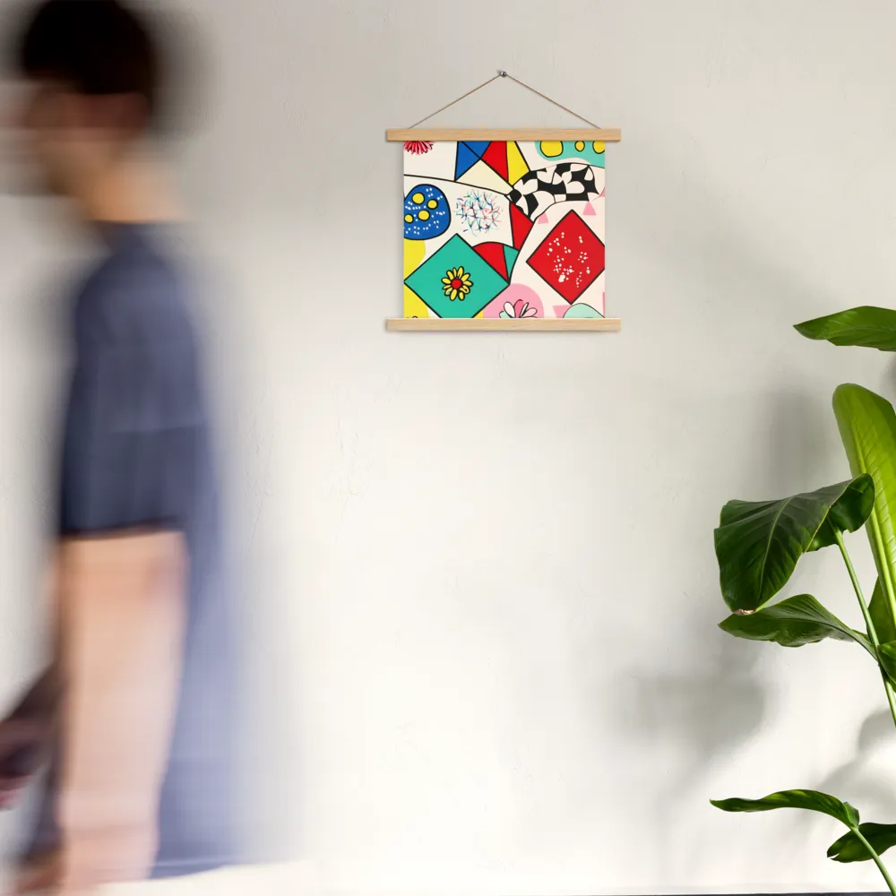 Joyful Geometry: A Playful Dance of Shapes and Colors | Poster With Oak Wood Hanger | 14″×14″