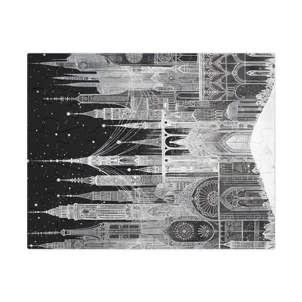 Stippled Gothic Cityscape 
 Jigsaw Puzzle in Tin Box