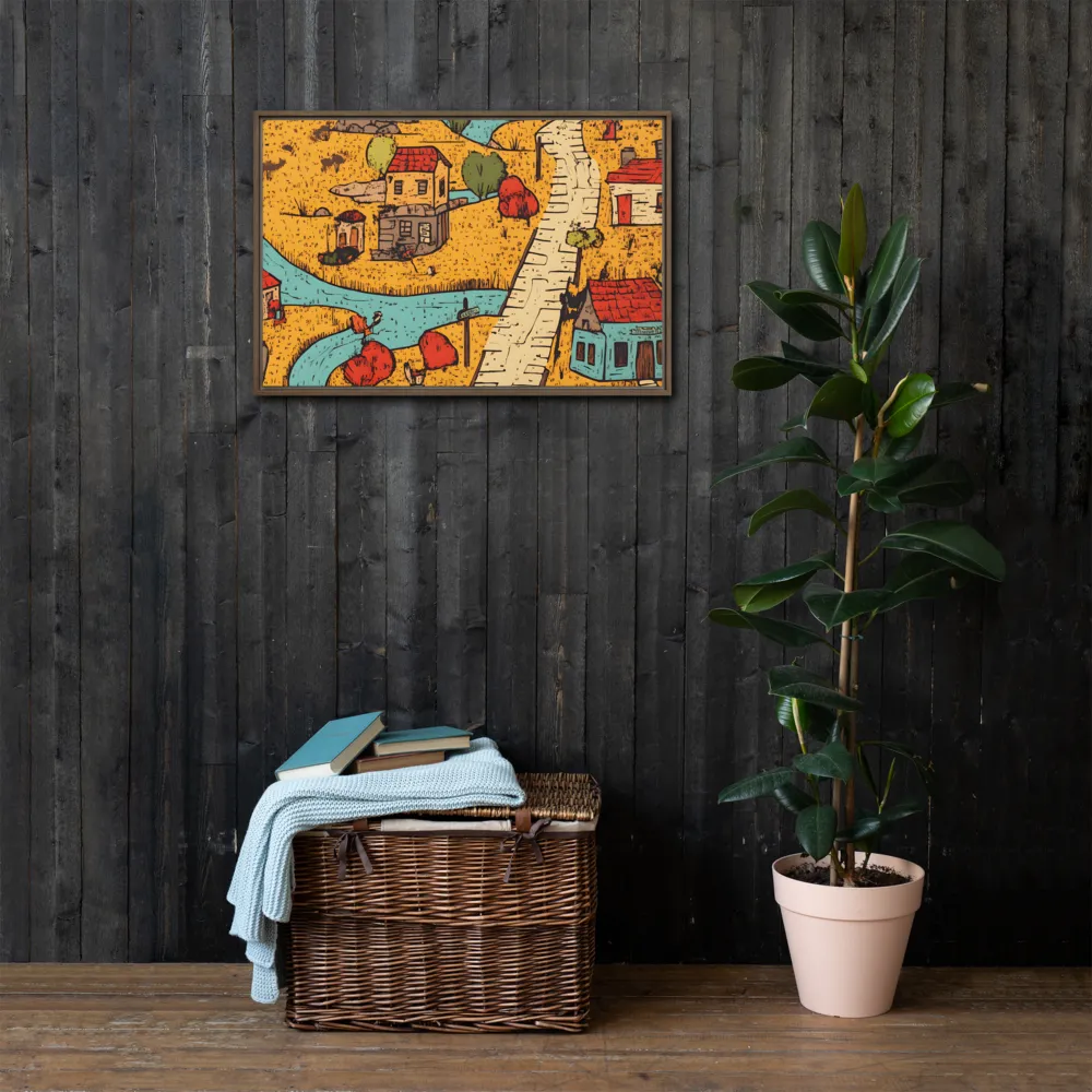 Whimsical Village Landscape | Canvas with Brown Frame | 20″×30″