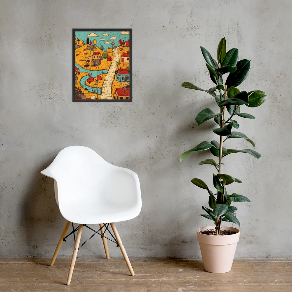 Whimsical Village Landscape | Poster with Black Frame | 16″×20″