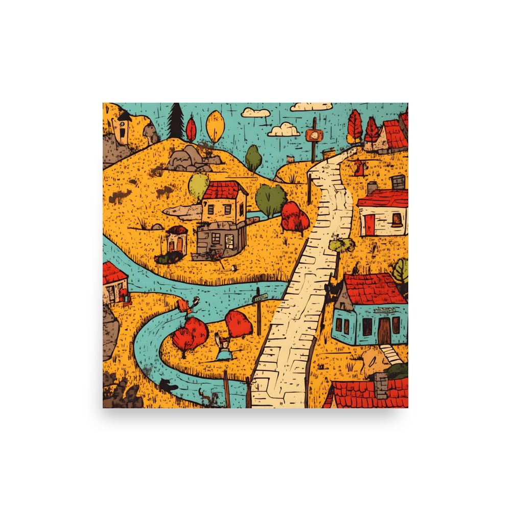 Whimsical Village Landscape | Poster | 10″×10″