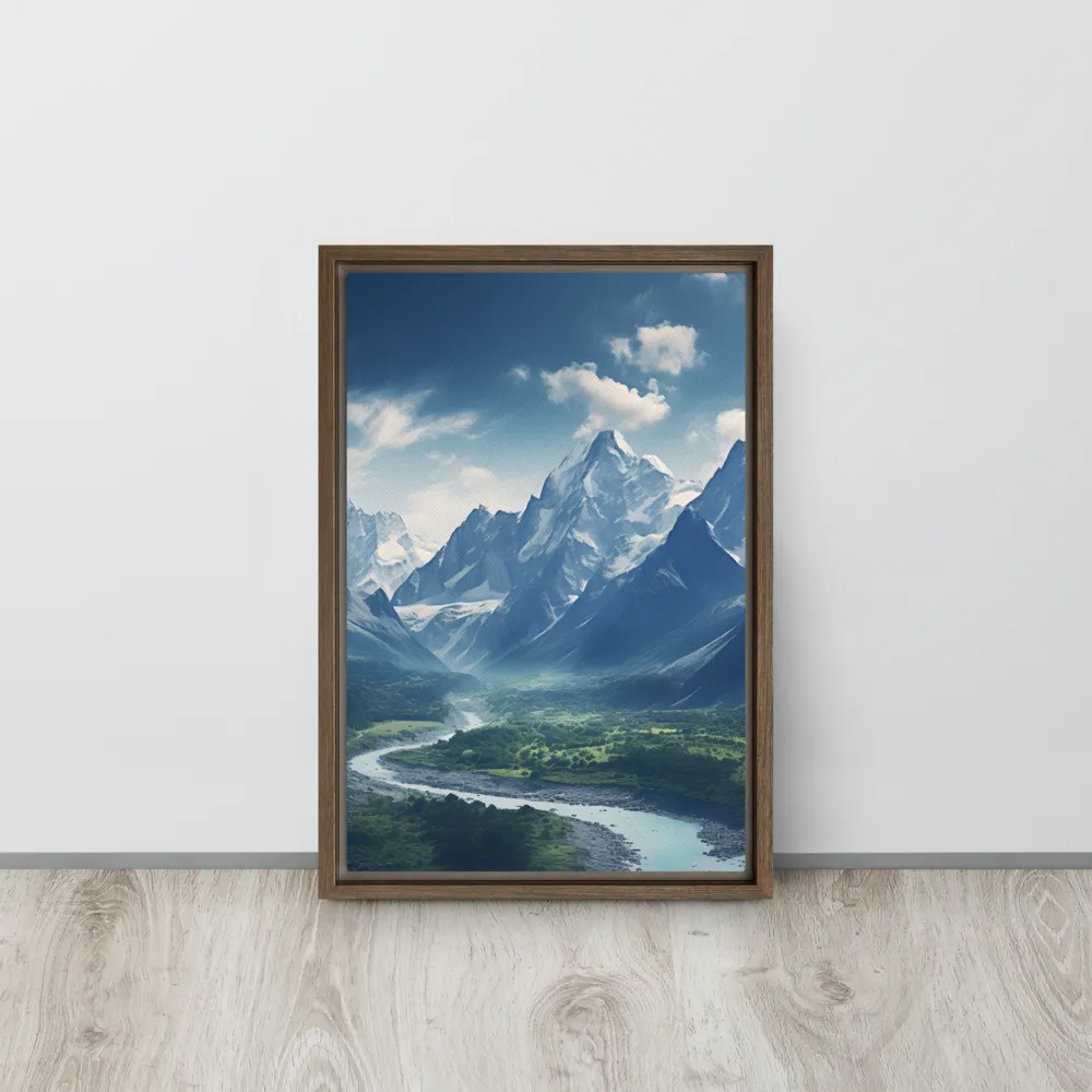 Majestic Serenity: A Landscape of Mountains and Rivers | Canvas with Brown Frame | 12″×18″