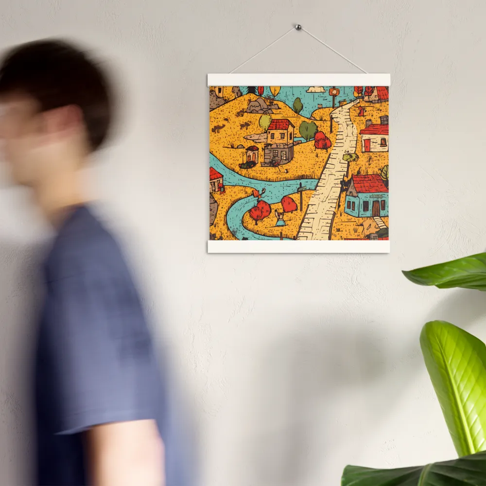 Whimsical Village Landscape | Poster With White Wood Hanger | 12″×12″