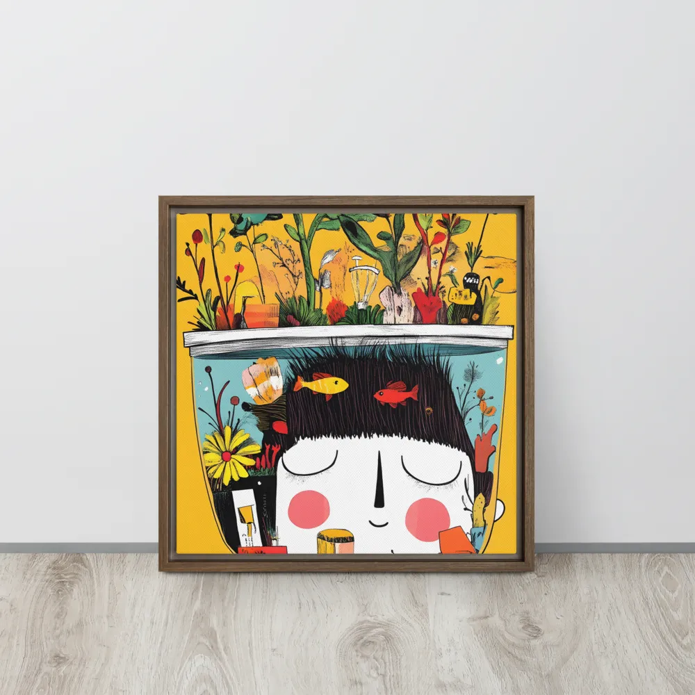 Whimsical Garden Head | Canvas with Brown Frame | 16″×16″