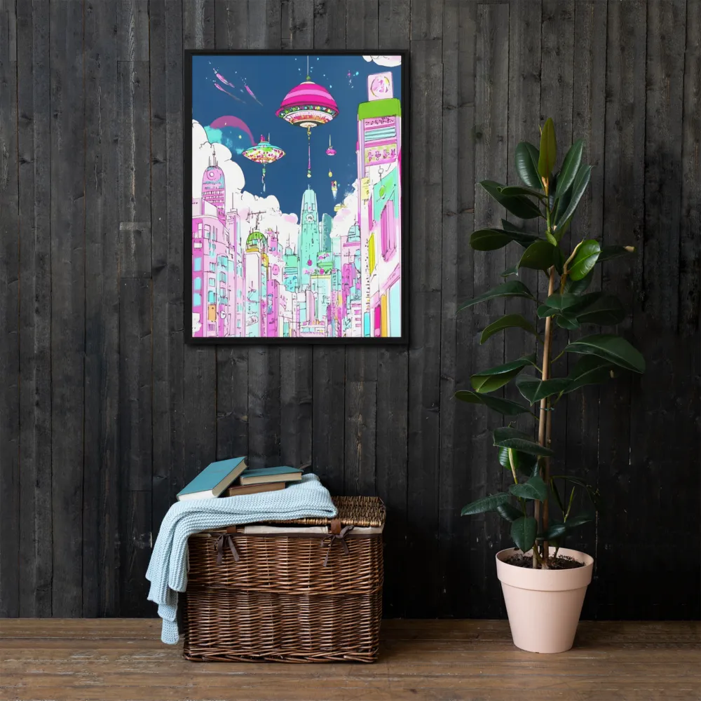 Futuristic Cityscape with Floating Structures | Canvas with Black Frame | 24″×32″