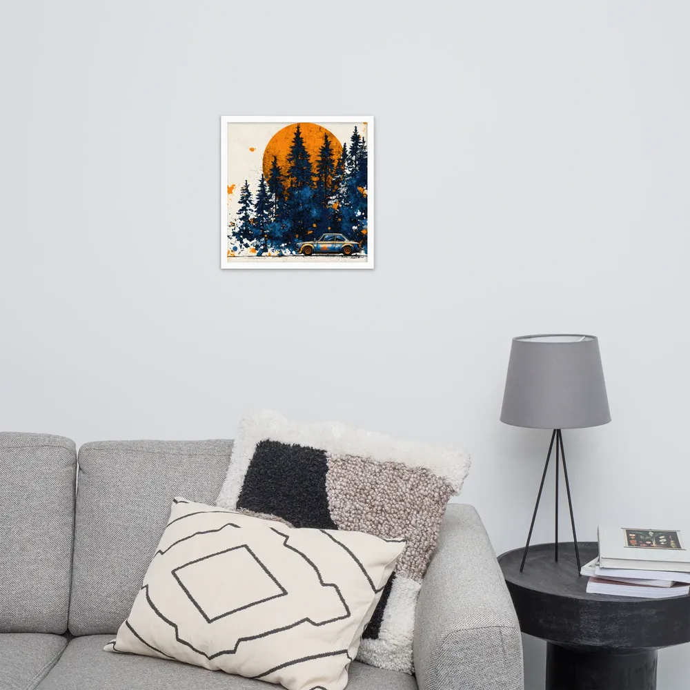 Sunset Forest Drive 
 Poster with White Frame | 18″x 18″
