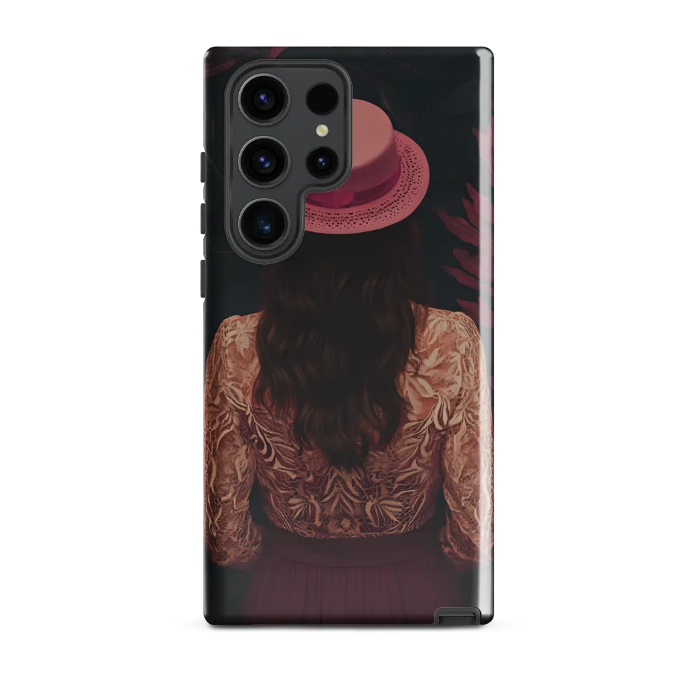 Woman with Pink Hat Among Burgundy Leaves