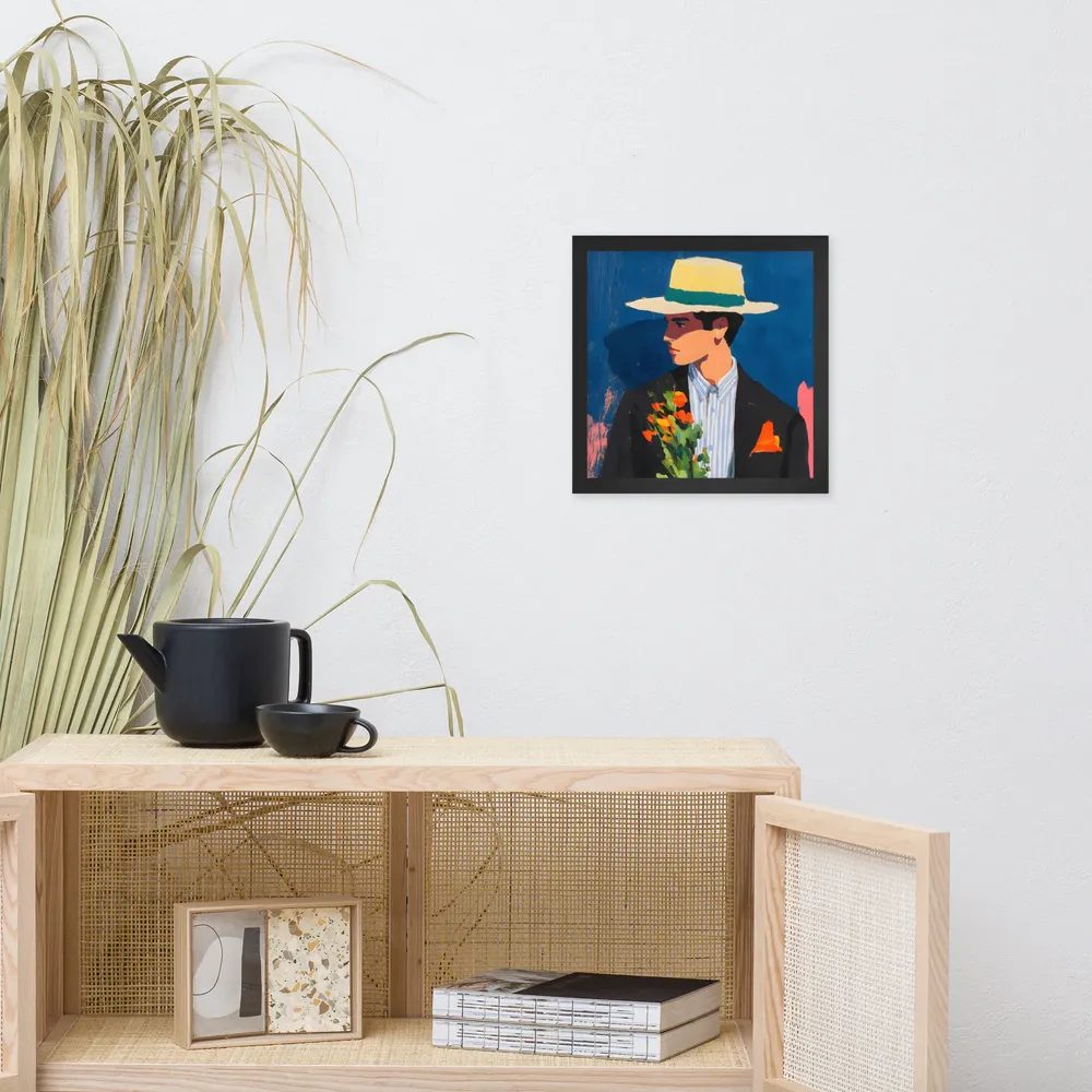 Portrait with Hat and Flowers 
 Poster with Black Frame | 12″x 12″