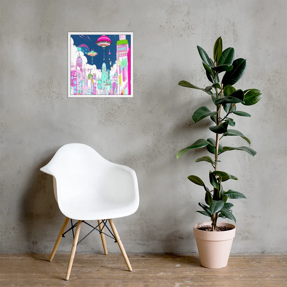Futuristic Cityscape with Floating Structures | Poster with White Frame | 18″×18″
