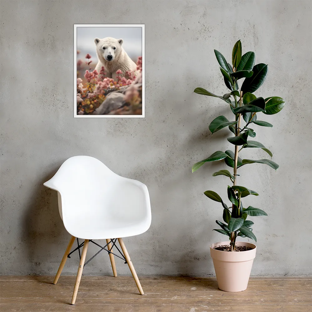 Curiosity Among Blooms: The Polar Bear | Poster with White Frame | 18″×24″