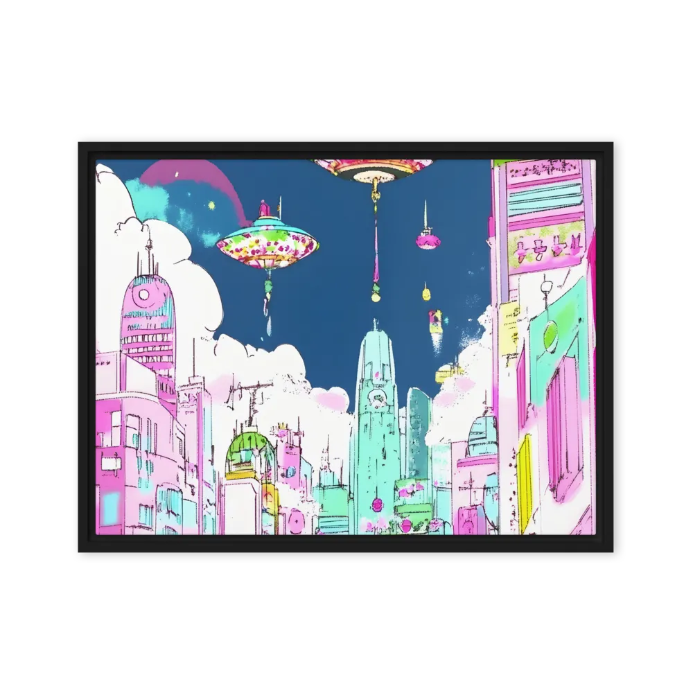 Futuristic Cityscape with Floating Structures | Canvas with Black Frame | 18″×24″
