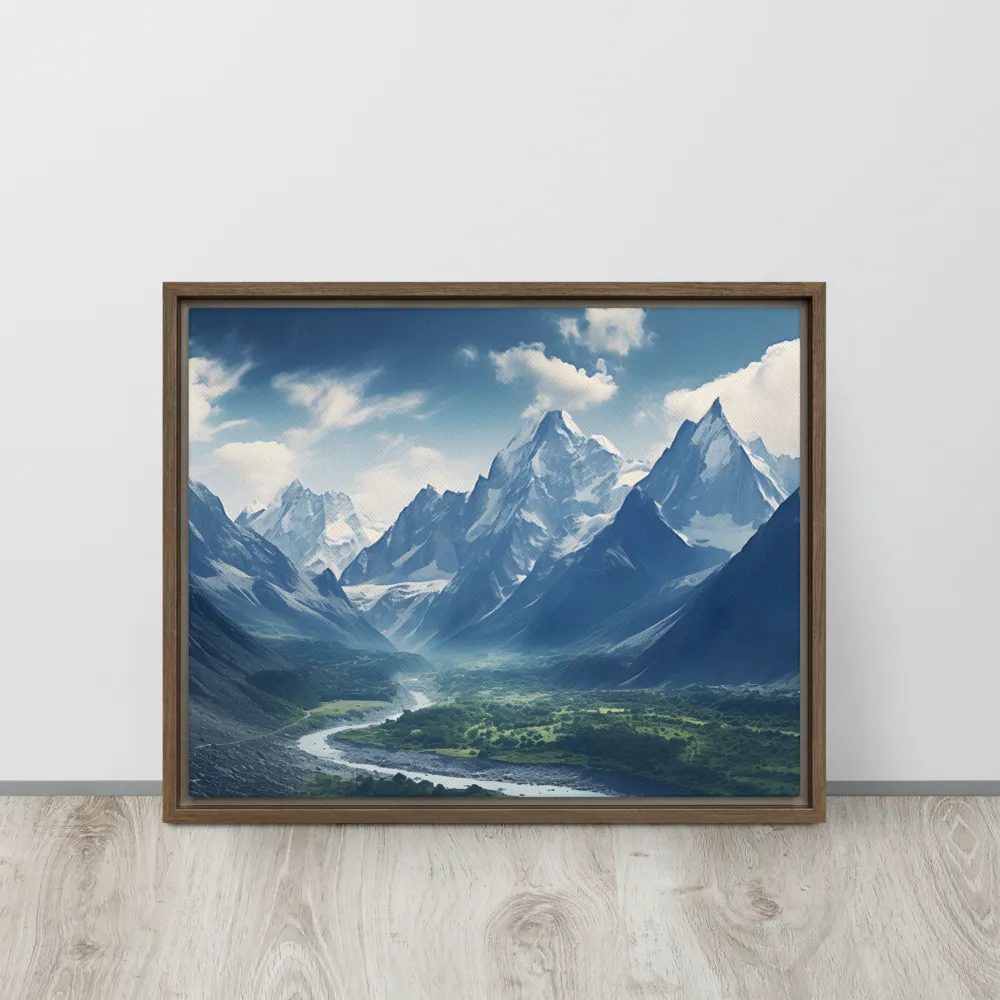 Majestic Serenity: A Landscape of Mountains and Rivers | Canvas with Brown Frame | 16″×20″