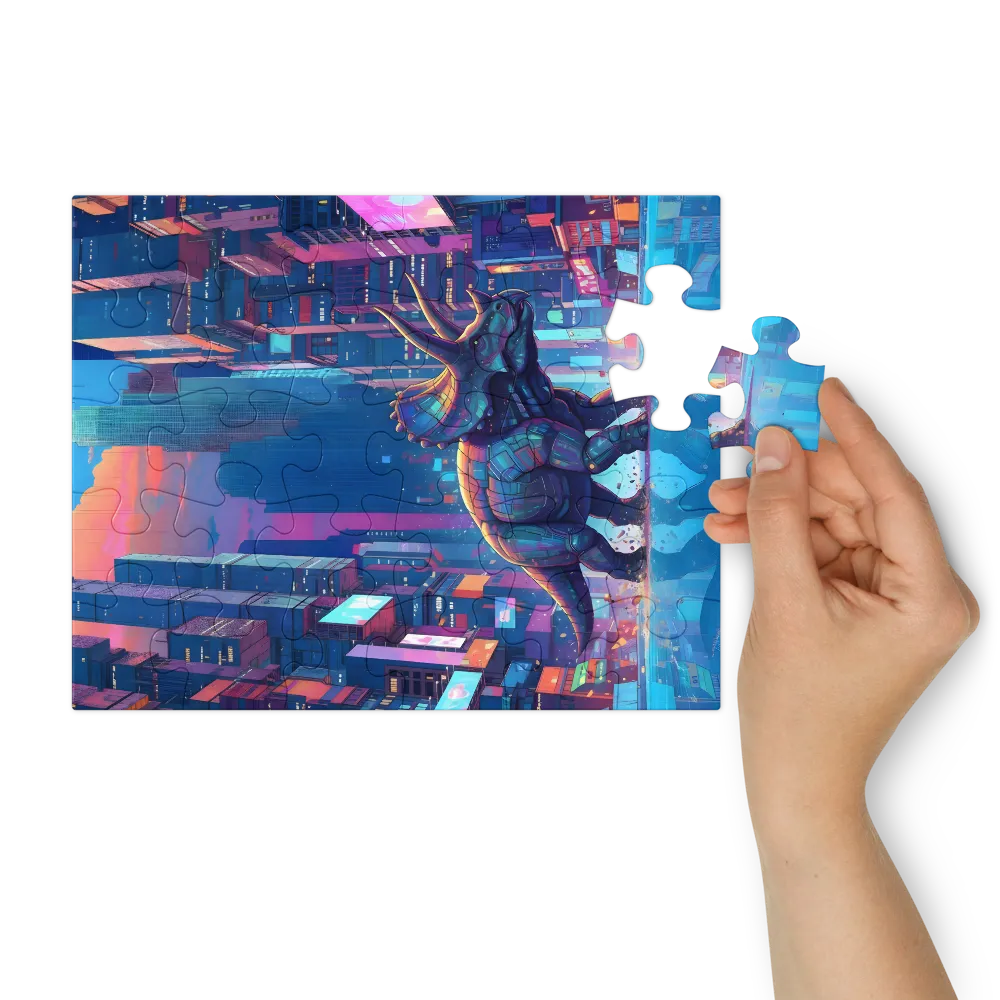 Neon City Triceratops 
 Jigsaw Puzzle in Tin Box
