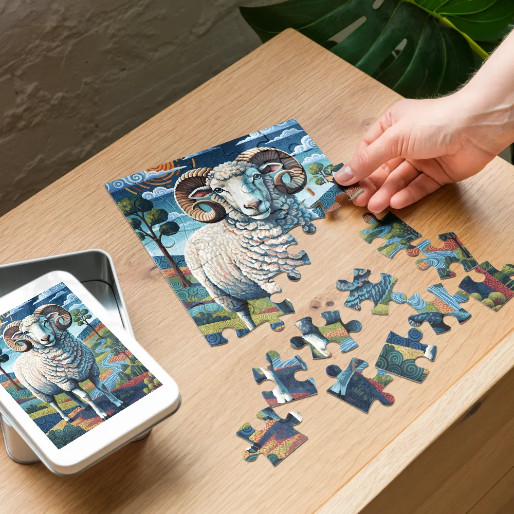 Patterned Ram 
 Jigsaw Puzzle in Tin Box