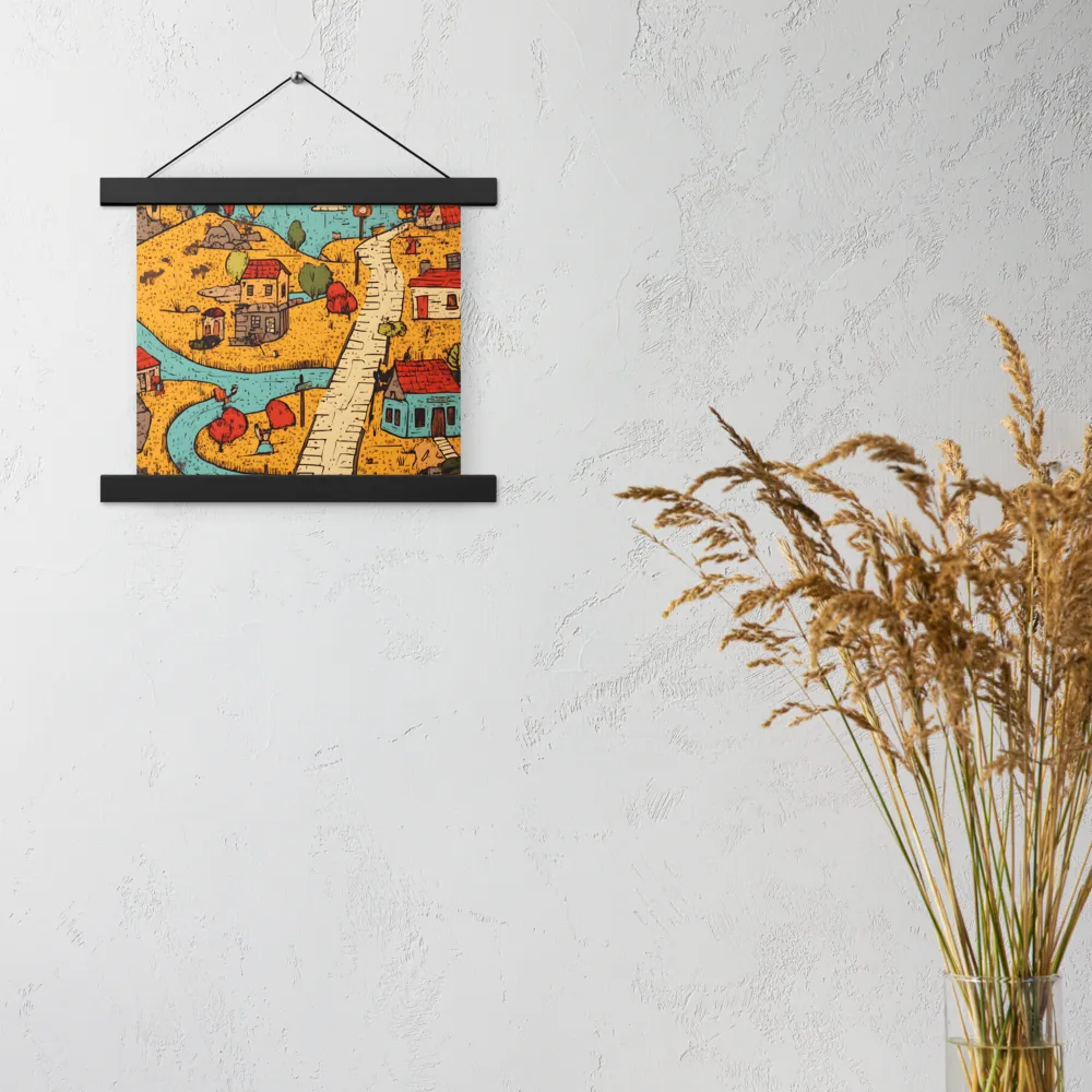 Whimsical Village Landscape | Poster With Black Wood Hanger | 10″×10″