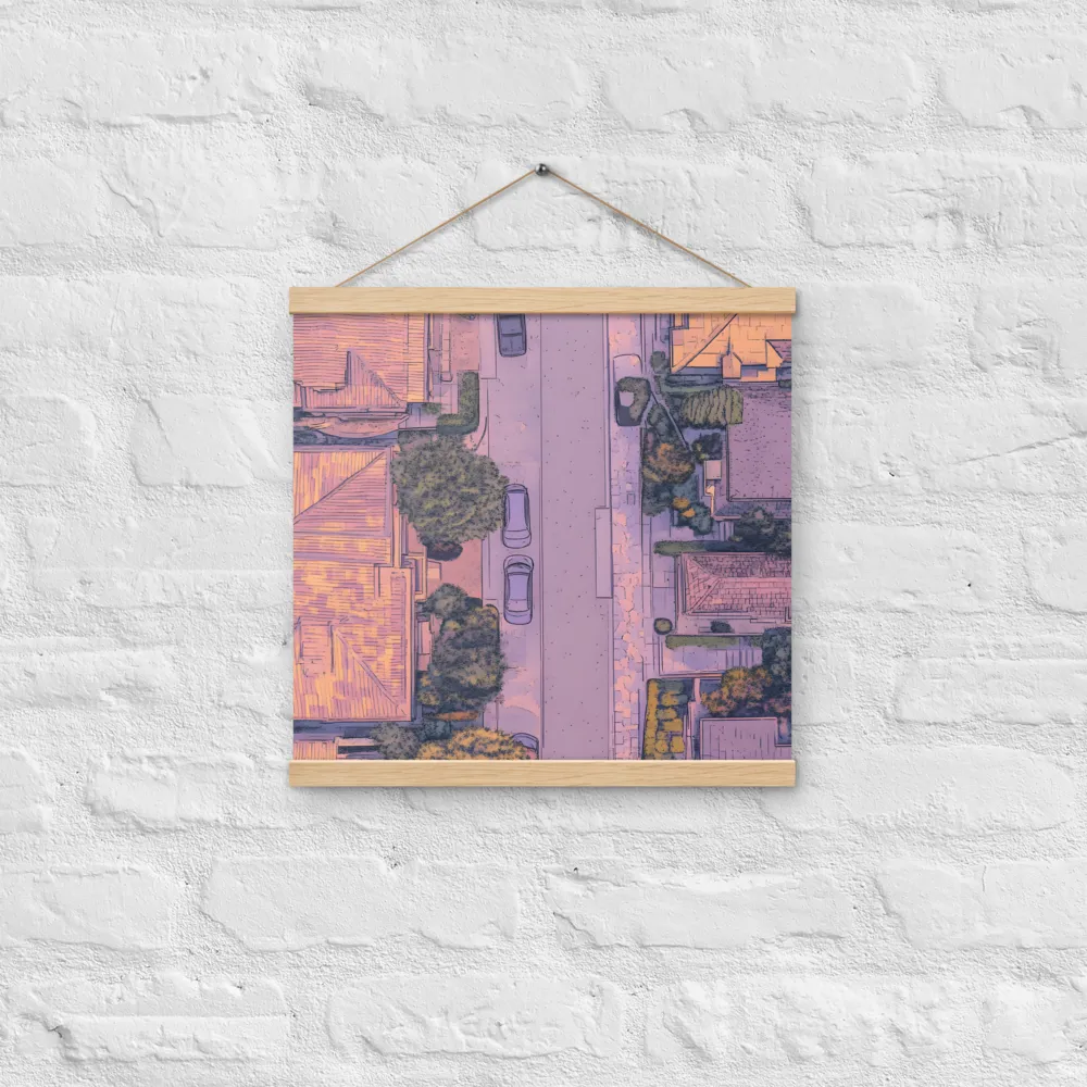 Aerial Serenity: Suburban Oasis | Poster With Oak Wood Hanger | 16″×16″