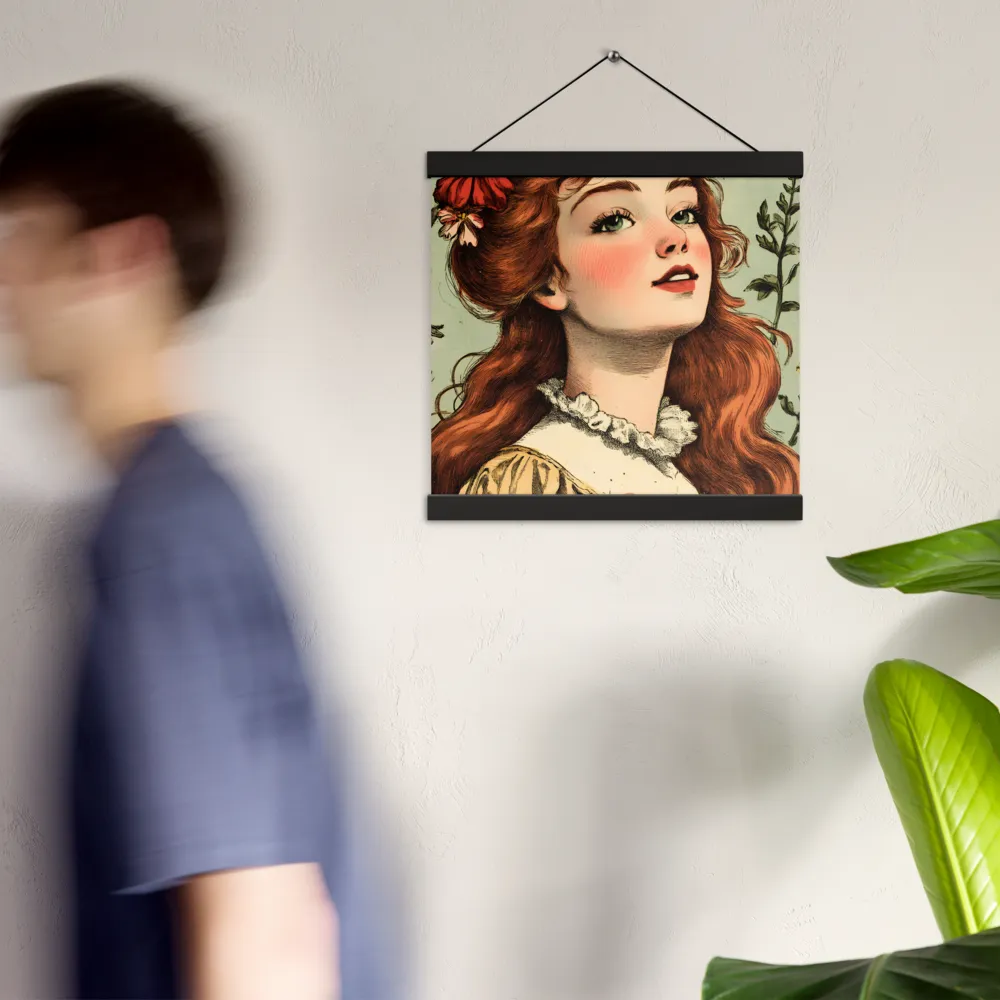 Whimsical Portrait of a Flower-Adorned Girl | Poster With Black Wood Hanger | 12″×12″