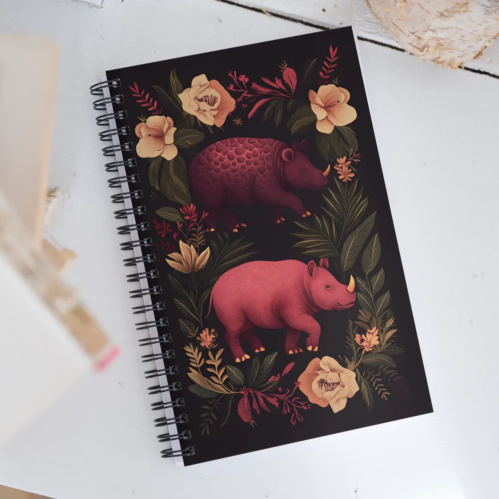 Rhinos in Floral Embrace | Spiral Notebook