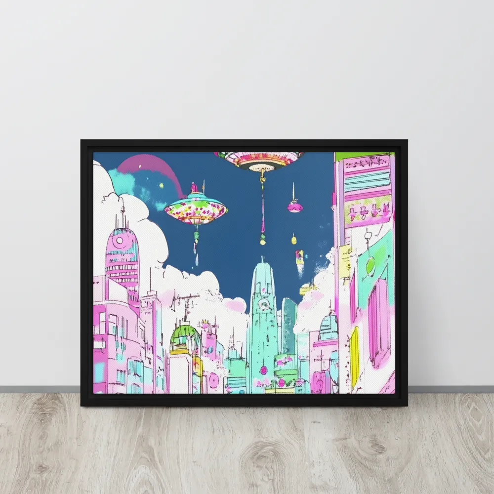 Futuristic Cityscape with Floating Structures | Canvas with Black Frame | 16″×20″