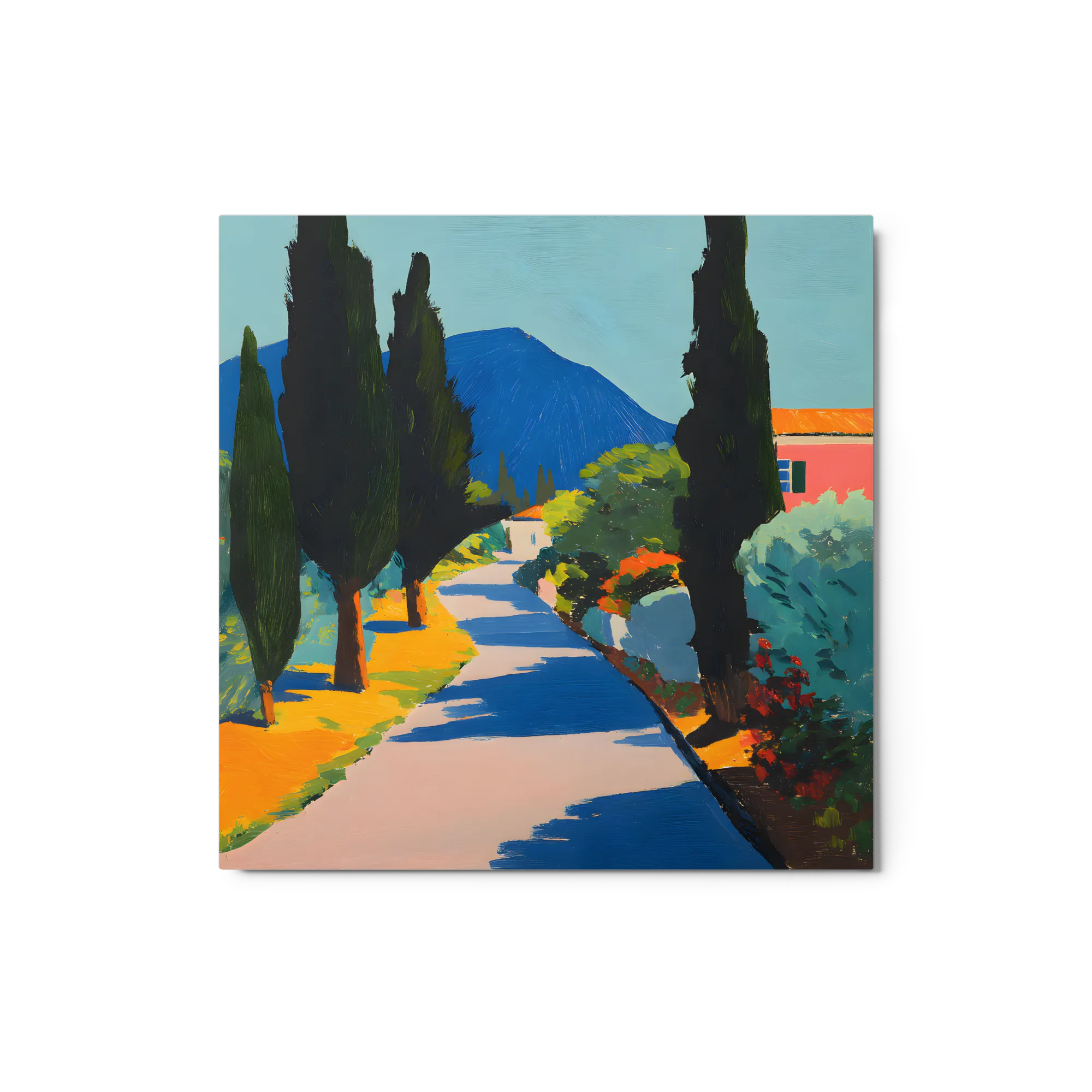 Sunlit Cypress Lane 
 Metal Print | 12″x 12″