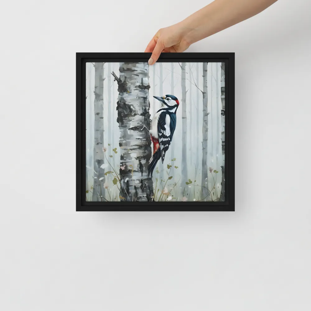 Woodpecker on Birch 
 Canvas with Black Frame | 12″x 12″