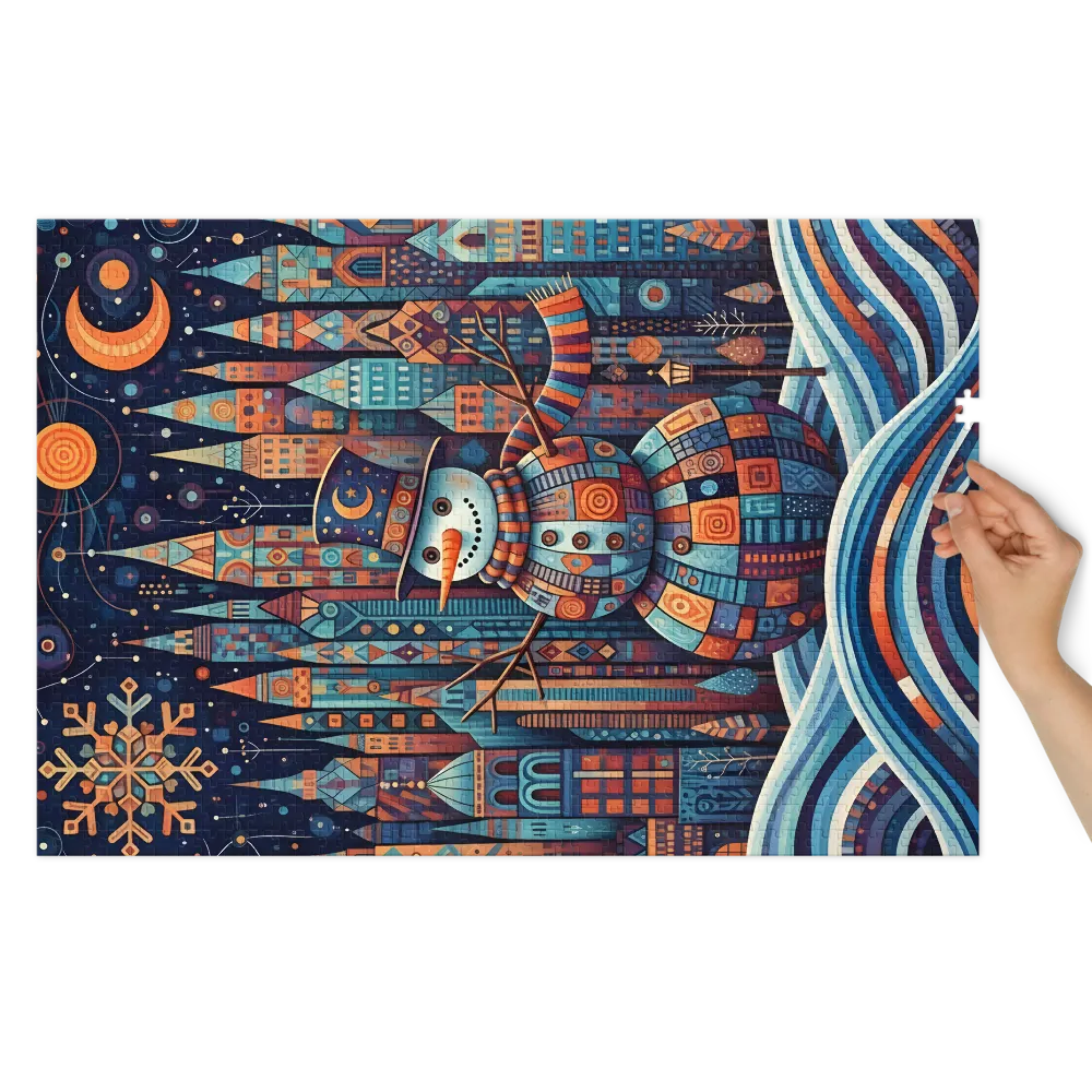 Patchwork Snowman Cityscape 
 Jigsaw Puzzle in Tin Box