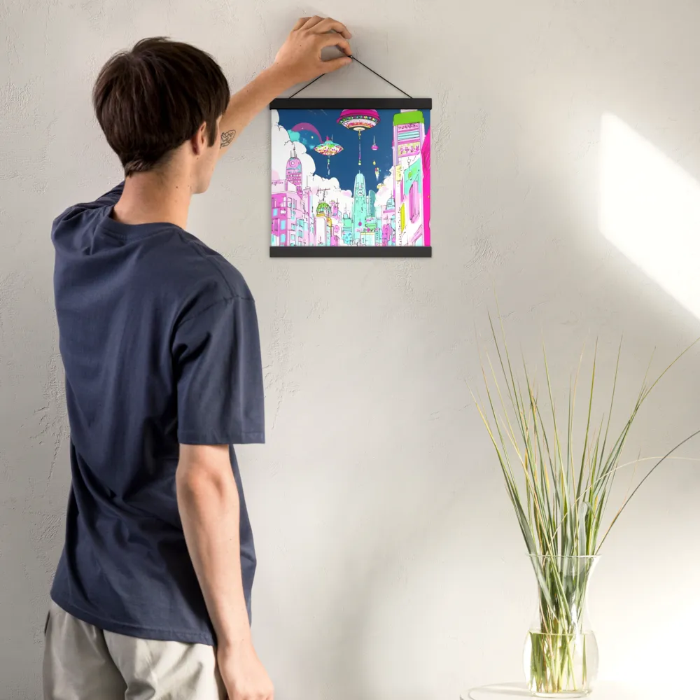 Futuristic Cityscape with Floating Structures | Poster With Black Wood Hanger | 12″×12″