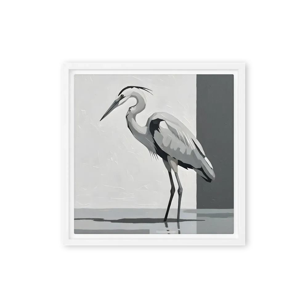 Grayscale Heron Study 
 Canvas with White Frame | 12″x 12″