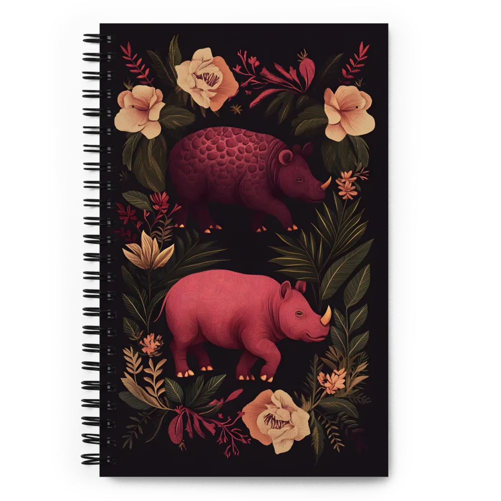 Rhinos in Floral Embrace | Spiral Notebook