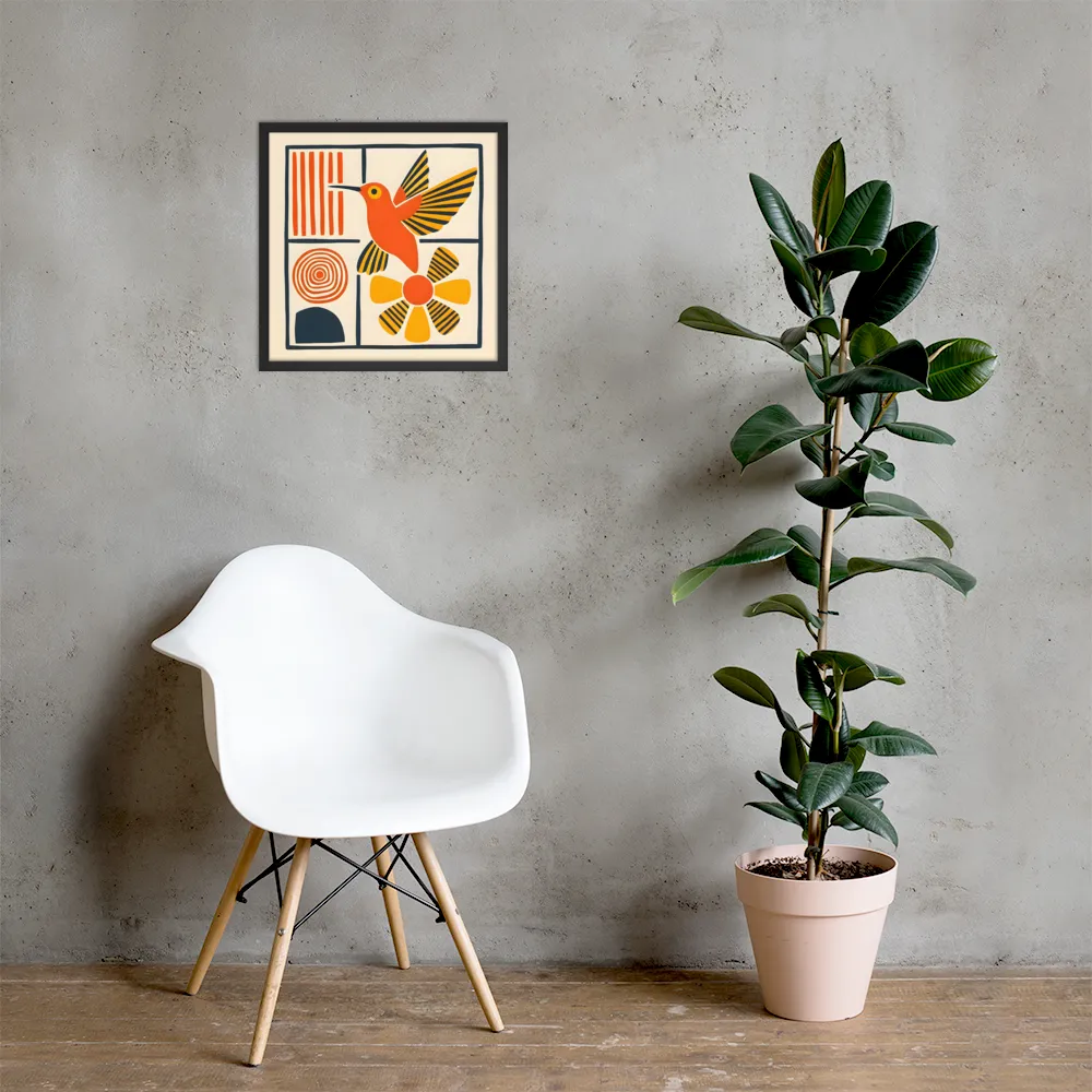 Hummingbird & Flower Panel 
 Poster with Black Frame | 18″x 18″